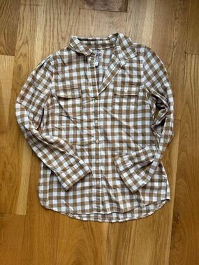 Old Navy Tan & White Gingham Button-Down Shirt